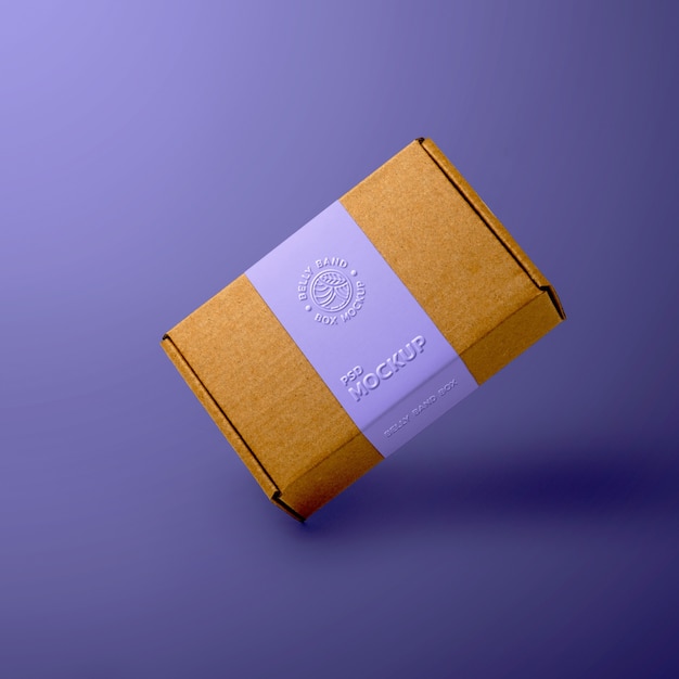 PSD maqueta de caja de cartón con banda para el vientre con efecto en relieve