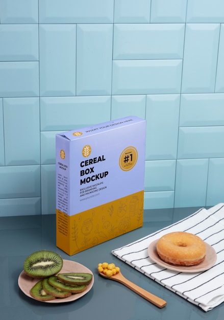 PSD maqueta de caja de cereal de desayuno en la mesa