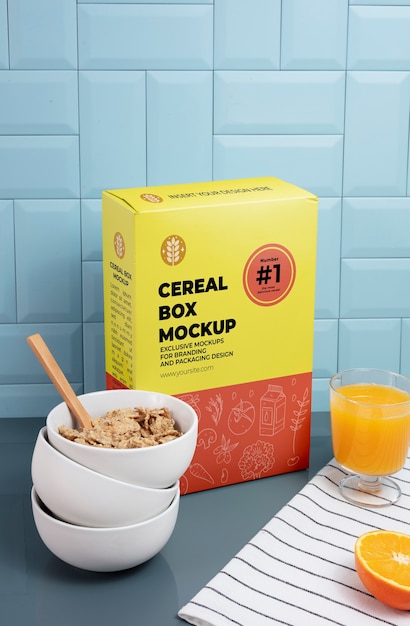 Maqueta de caja de cereal de desayuno en la mesa