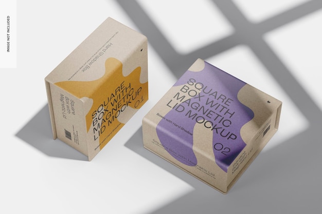 Maqueta de caja cuadrada con tapa magnética, de pie y caída