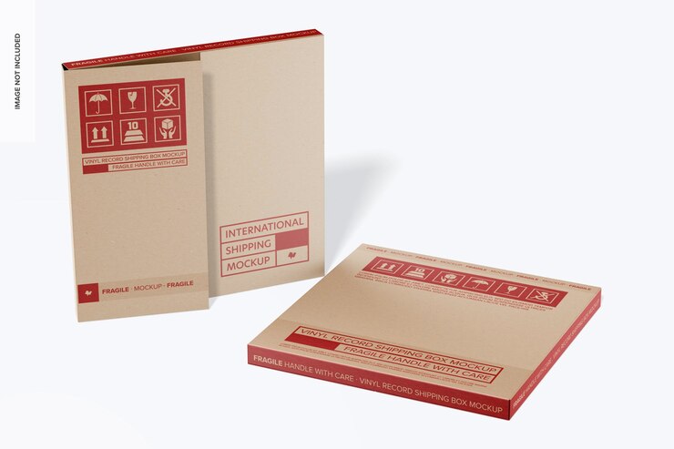 PSD maqueta de caja de envío de discos de vinilo de pie y caída