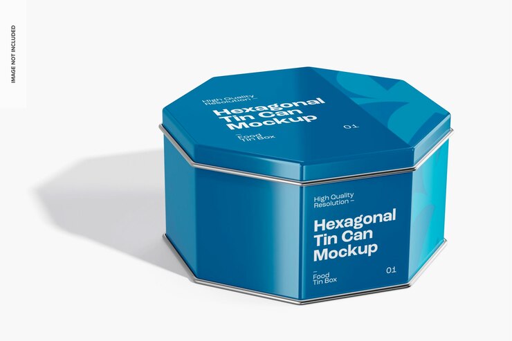 PSD maqueta de caja de hojalata hexagonal, perspectiva