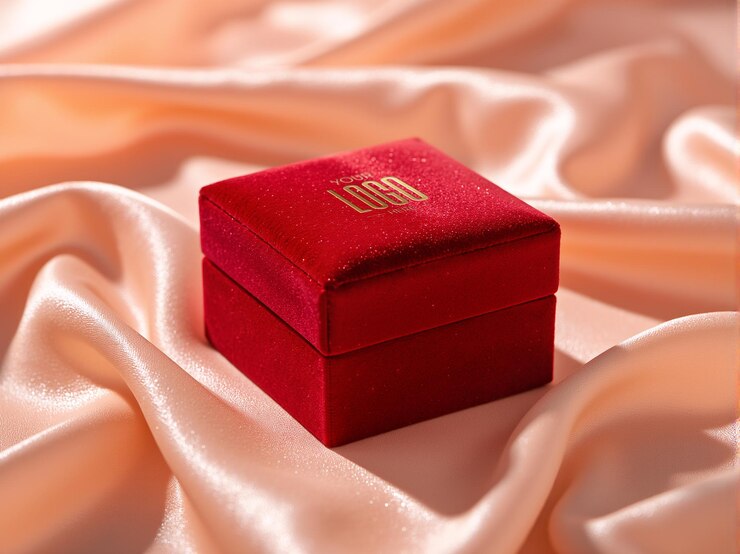 PSD maqueta de caja de joyas de terciopelo rojo de lujo con logotipo de papel dorado en fondo de seda día de san valentín