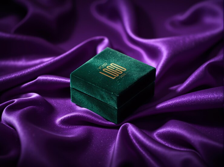 PSD maqueta de caja de joyas de terciopelo verde esmeralda de lujo con logotipo dorado en fondo de seda real