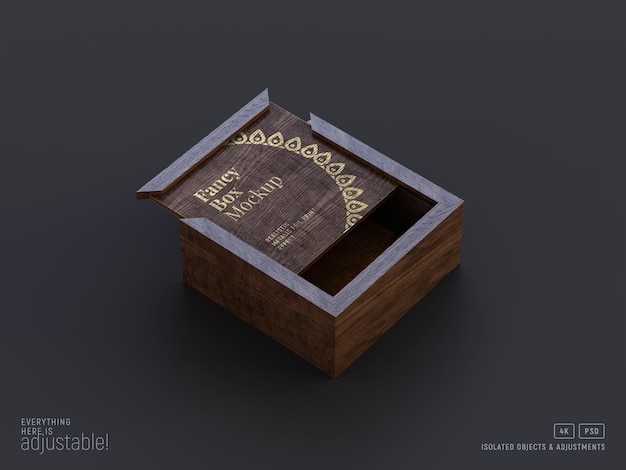 Maqueta de caja de madera oscura con vista en perspectiva de efecto de impresión realista