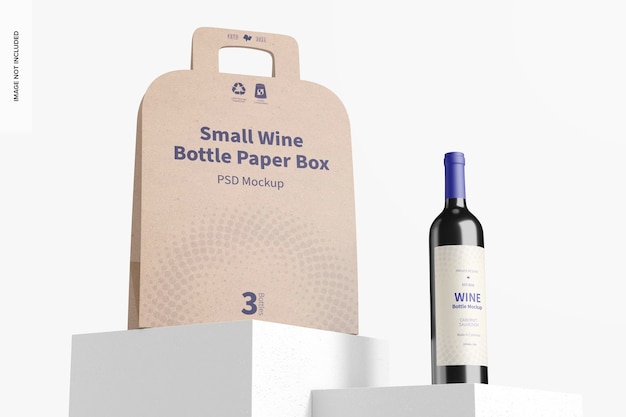 Maqueta de caja de papel de botella de vino pequeña, vista de ángulo bajo