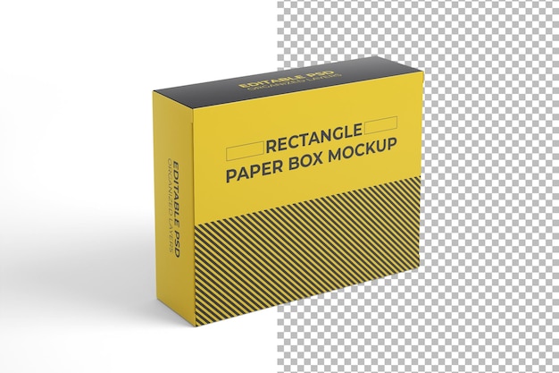 PSD una maqueta de caja de papel rectangular con un fondo negro y amarillo.