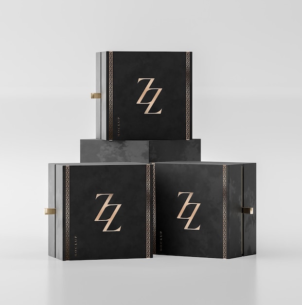 Maqueta de caja de regalo de joyería negra y dorada para identidad de marca en render 3d de fondo blanco