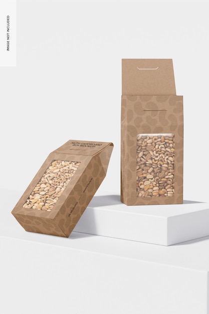 Maqueta de cajas de cartón de frutos secos, en podio