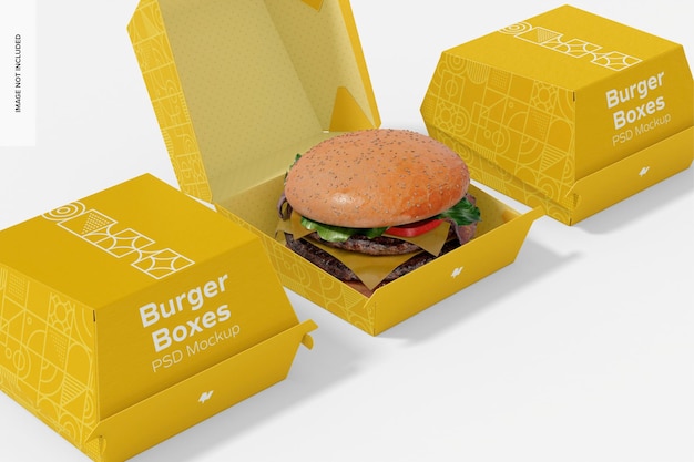 Maqueta de cajas de hamburguesas, primer plano