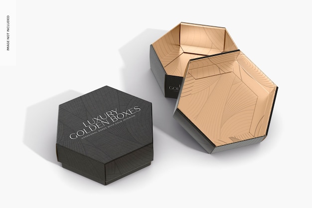 Maqueta de cajas hexagonales con interior dorado, abiertas y cerradas