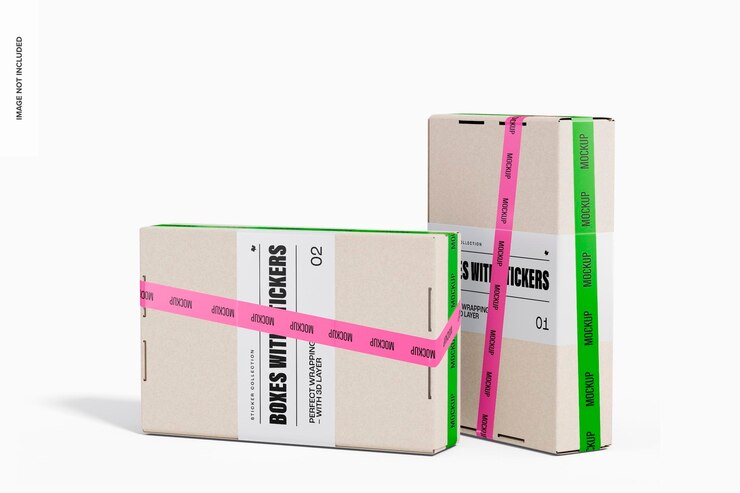 PSD maqueta de cajas con pegatinas, vista frontal