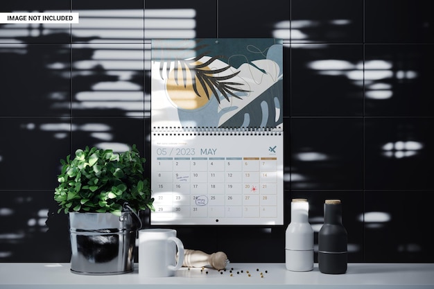 PSD maqueta de calendario de pared en espiral en la pared de la cocina