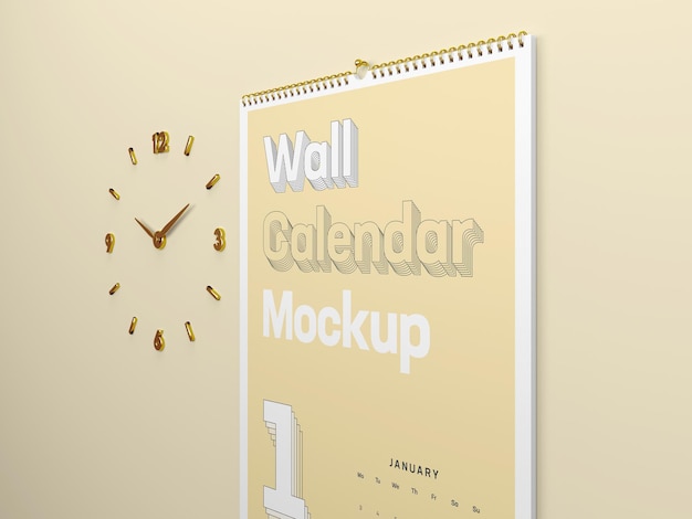 PSD maqueta de calendario de pared con reloj de pared