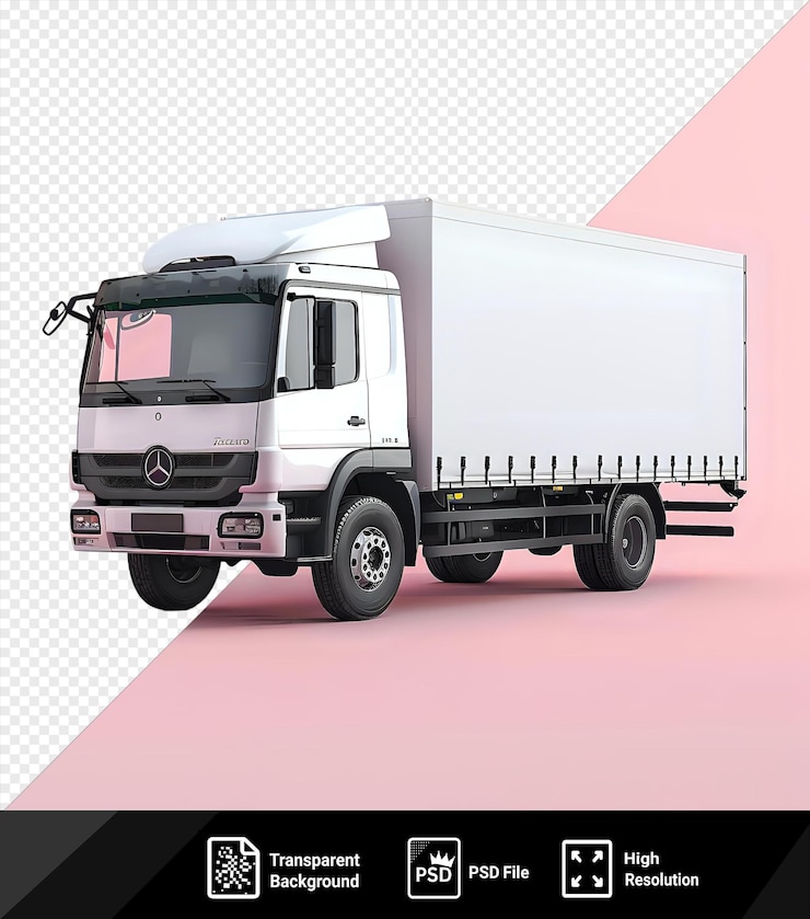 maqueta de un camión blanco con neumáticos negros y un gran parabrisas estacionado en un fondo rosa con una sombra negra png