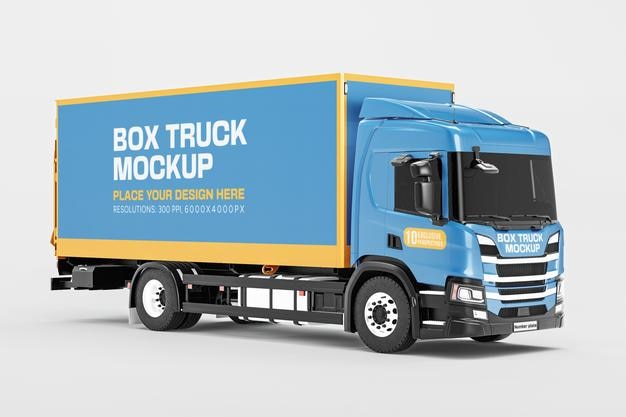 Maqueta de camión de caja renderizada en 3D vista de perspectiva delantera y derecha