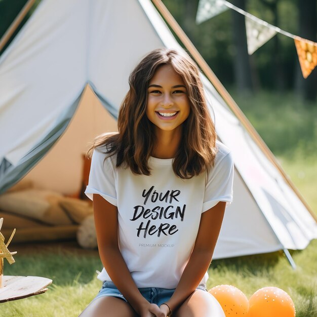 PSD maqueta de camiseta blanca con una chica en un picnic de lujo boho glamping