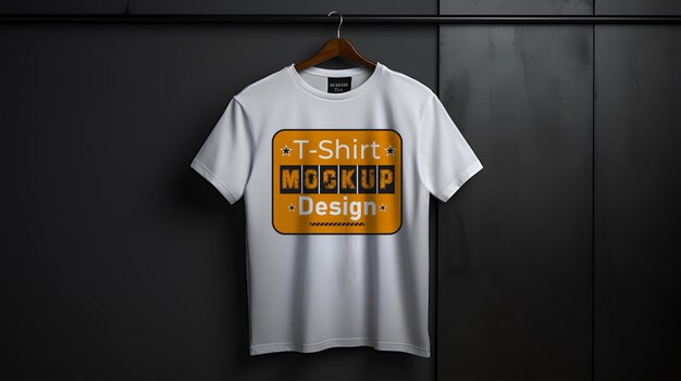 PSD maqueta de camiseta blanca en colgante de ropa en estilo minimalista generativo por ai