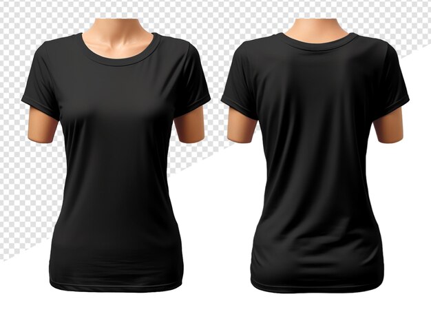 Maqueta de camiseta blanca negra para mujeres con vista frontal y trasera aislada sobre un fondo transparente