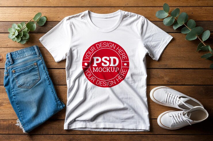 Maqueta de camiseta casual sobre un fondo de madera