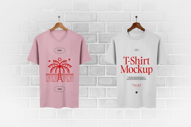 Maqueta de camiseta colgada en una pared