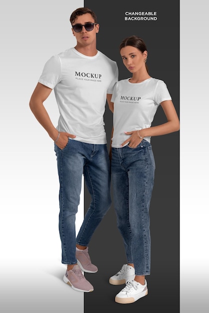 PSD maqueta de camiseta hombre y niña aislados juntos sobre fondo cambiable