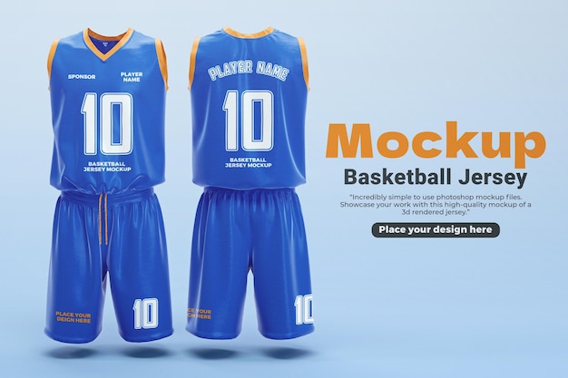Maqueta de camiseta de jugador de baloncesto renderizada en 3D vista delantera y trasera