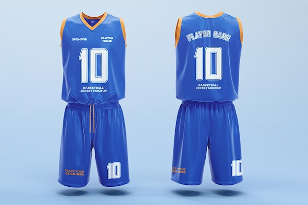Maqueta de camiseta de jugador de baloncesto renderizada en 3D vista delantera y trasera