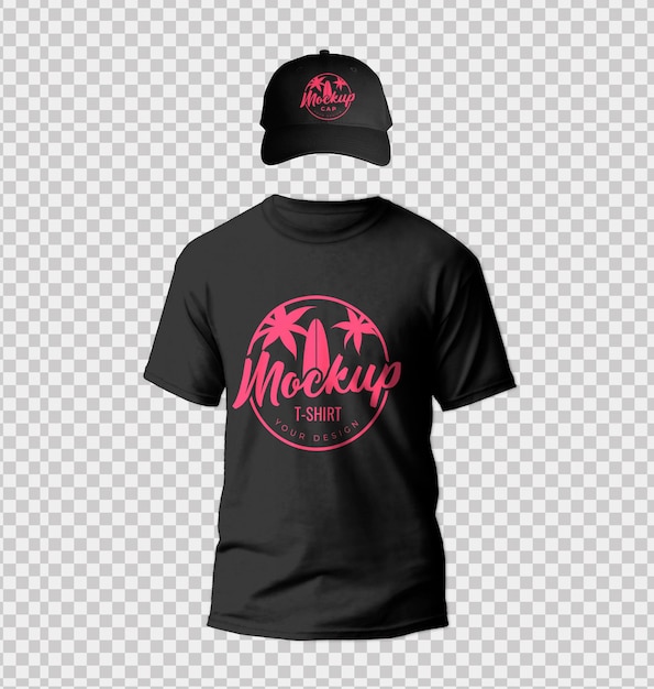 PSD maqueta de camiseta negra y paquete de gorra sobre fondo transparente