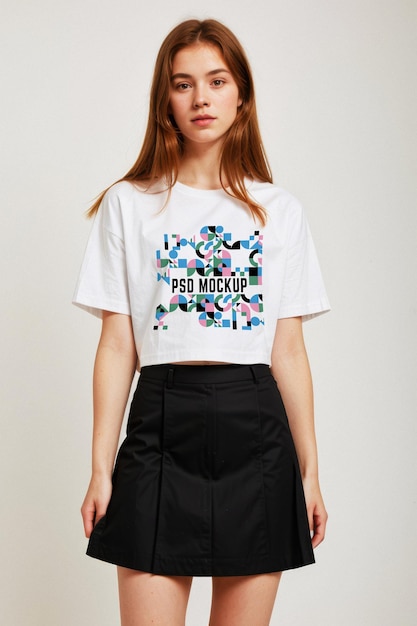 Maqueta de camiseta PSD Unisex estética de marca tee vitrina plantilla de mercancía maqueta de chica pelirroja