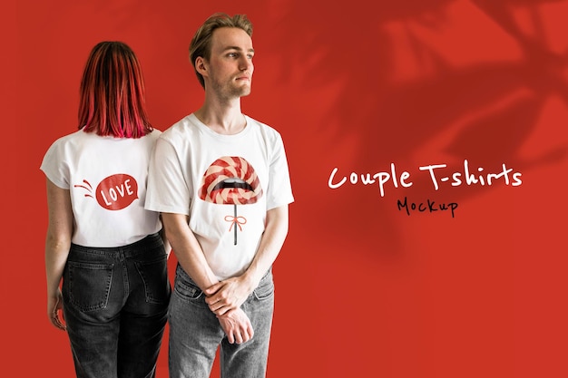 Maqueta de camisetas de pareja de san valentín psd tema de labios de piruleta roja