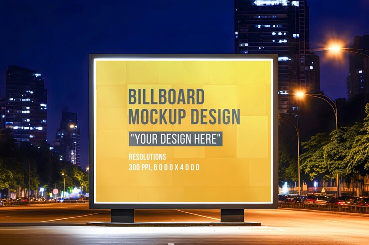 Maqueta de cartel cuadrada cerca de la acera en la vista nocturna de la ciudad