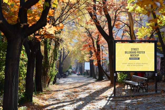 PSD maqueta de cartel publicitario con dos lámparas cerca de la acera en la ciudad