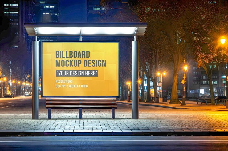 Maqueta de cartel publicitario urbano cerca de la parada de autobús