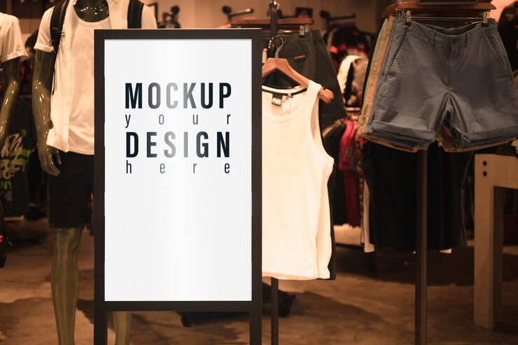PSD maqueta de cartelera publicitaria lightbox enfrente de la tienda de moda masculina.