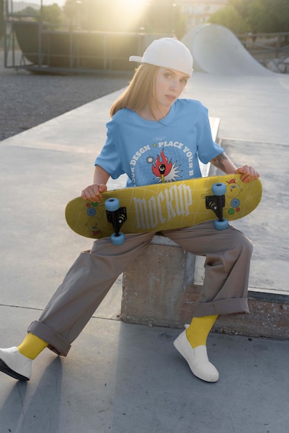 Maqueta de chica skater de tiro completo disparando al aire libre