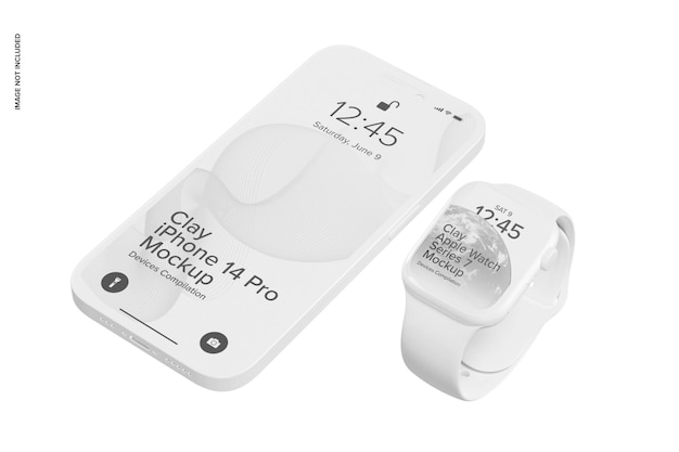 Maqueta de Clay iPhone 14 Pro con Apple Watch Series 7, perspectiva