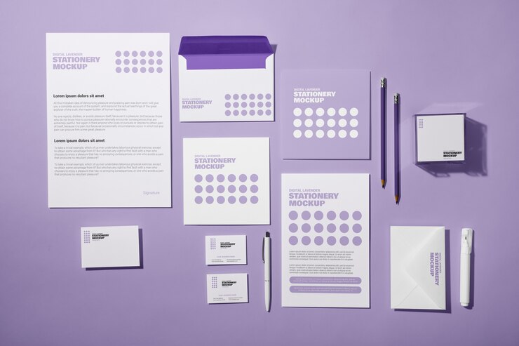 PSD maqueta de colección de papelería en tono lavanda