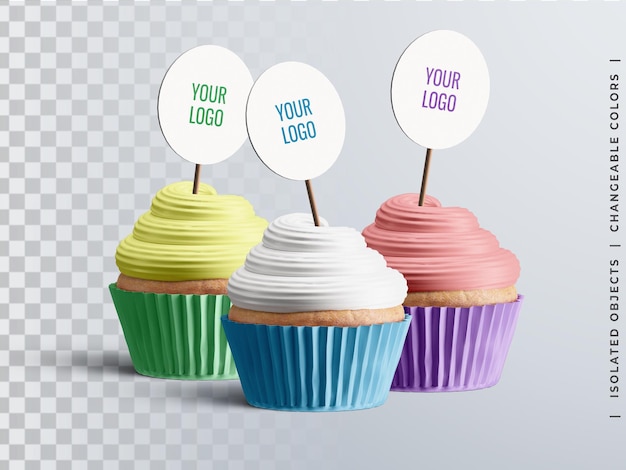 PSD maqueta de la colorida torta de postres de panadería cupcake muffins con etiqueta aislada