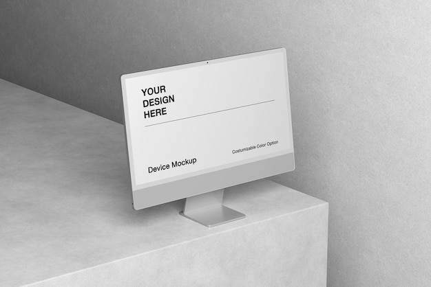 Maqueta de computadora del dispositivo con fondo de pared realista y fondo y color de objeto personalizable