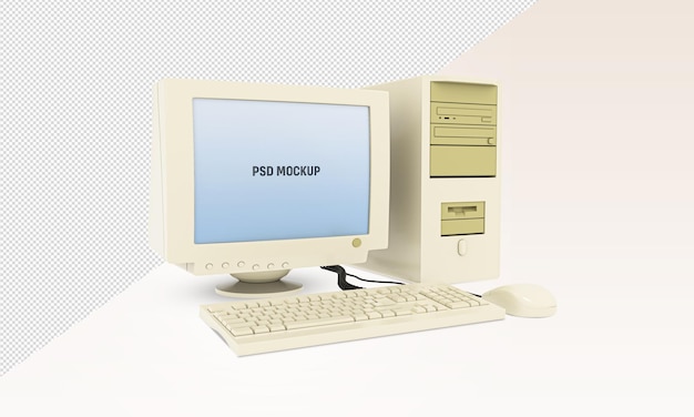 PSD maqueta de computadora de escritorio antigua con teclado y mouse pc de escritorio antigua con maqueta