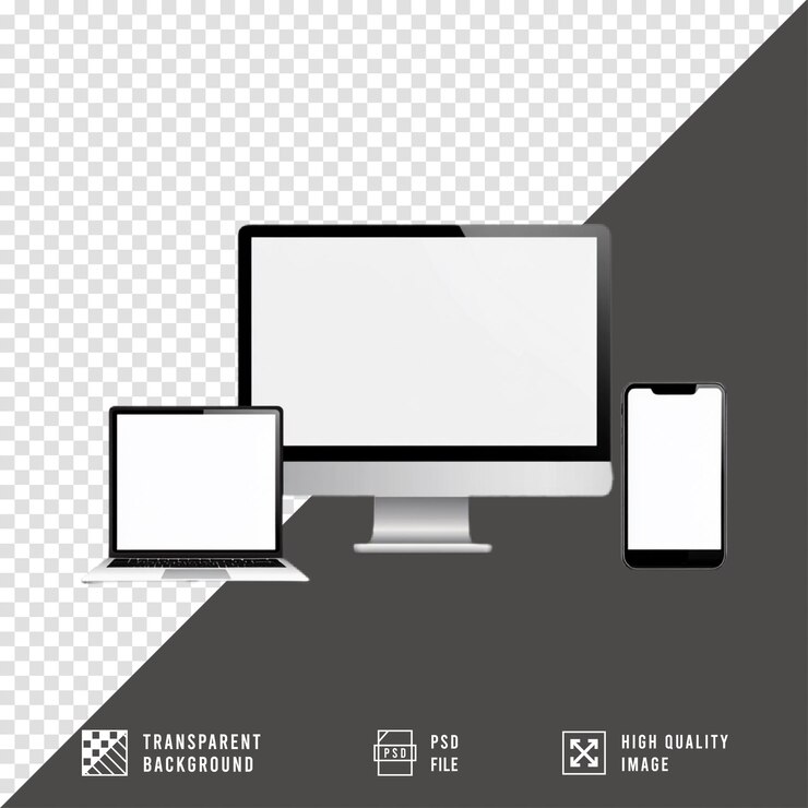 PSD maqueta de computadora de escritorio y teléfono inteligente con fondo transparente