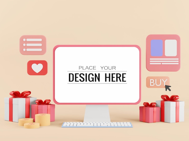 PSD maqueta de computadora de pantalla en blanco con cajas de regalo