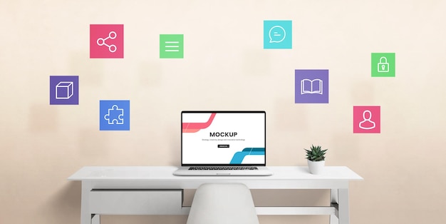 Maqueta de computadora portátil en el escritorio con iconos de internet de las cosas