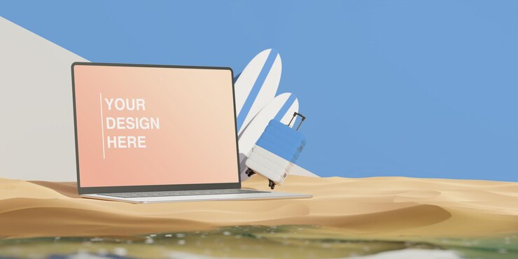 PSD maqueta de computadora portátil moderna con pantalla en blanco cerca de maletas render 3d