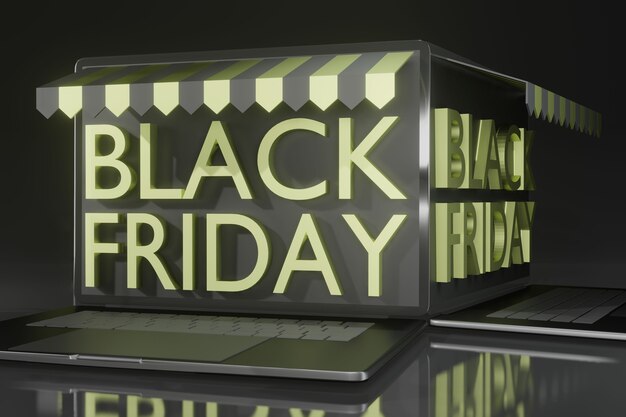 Maqueta de computadora portátil de renderizado 3D para promoción de viernes negro tema de compras en línea