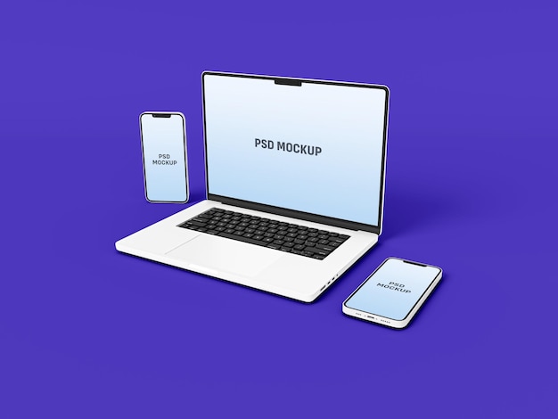 Maqueta de computadora portátil y teléfono inteligente a pantalla completa en un estilo mínimo para la página de inicio del sitio web de la interfaz de usuario y la pantalla de la aplicación