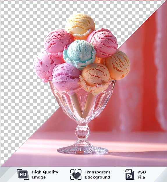 PSD maqueta de un conjunto de helados en un vaso alto en una mesa rosa