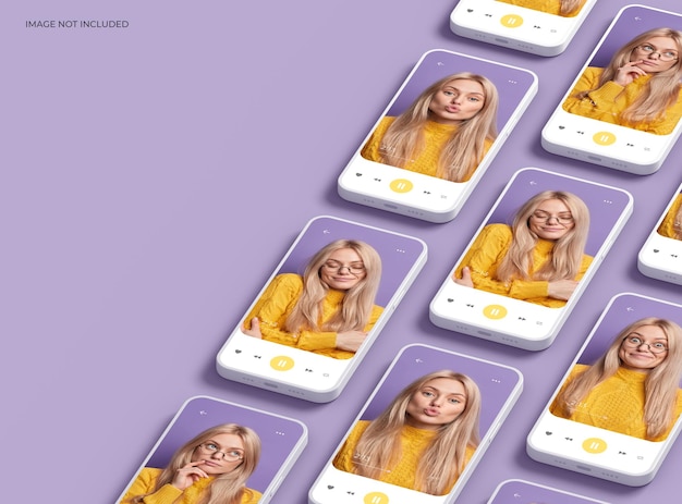 Maqueta de un conjunto de teléfonos inteligentes sin marca con diseño personalizable para UIUX Product Showcase 3D Render