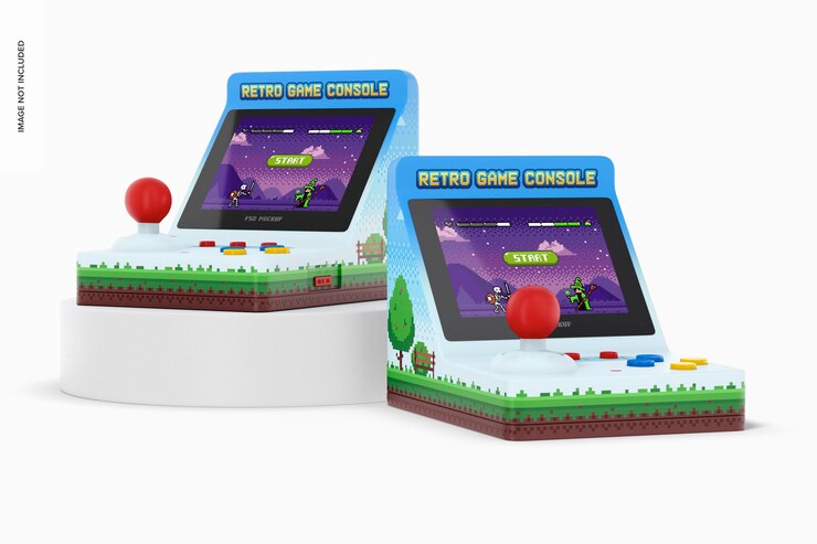 PSD maqueta de consolas de juegos portátiles retro, perspectiva